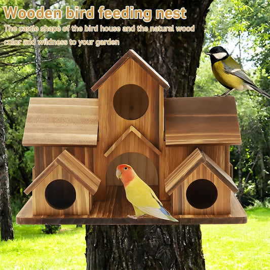 Outdoor Wooden Castle Birdhouse 5-Hole Garden Decor | StriveRiseFit