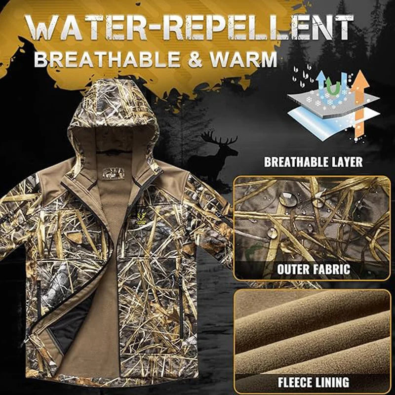 SEO Title: Quiet Hunting Jacket - Softshell Fleece-Lined Camouflage Hoodie Coat for Men | StriveRiseFit
