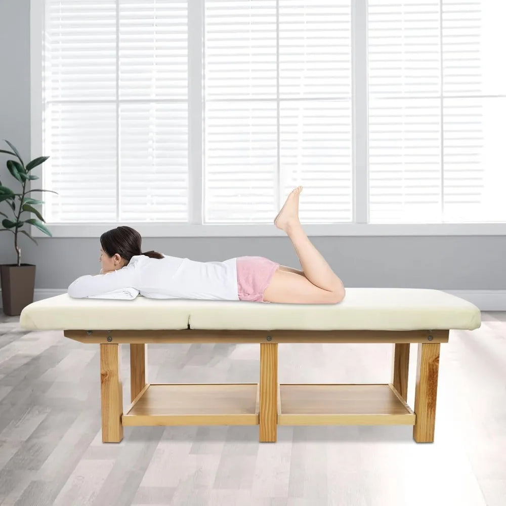 Stationary Massage Table - 75x31.5 Solid Wood Spa Bed with Adjustable Backrest