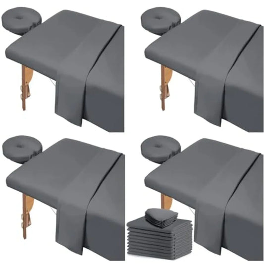 Massage Table Sheets Set | 4 Sets / 12 Pcs, Reusable Soft Microfiber, Bulk Pack, Dark Grey