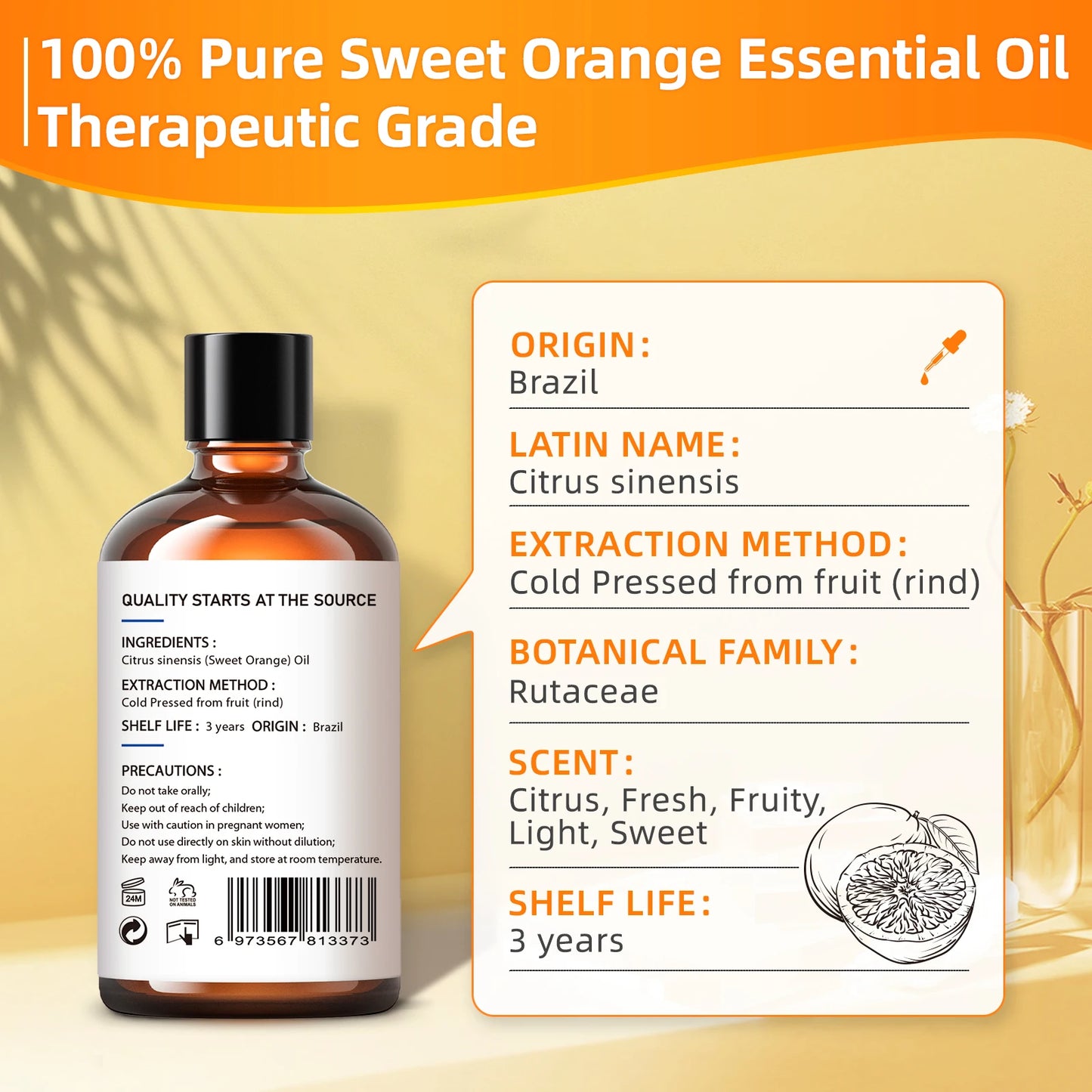 HIQILI 100ML Sweet Orange Essential Oils,100% Pure Nature for Aromatherapy, Diffuser, Humidifier, Massage, Fresh Air, Candle