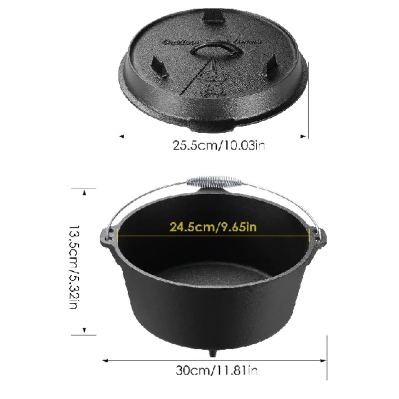 Cast Iron Dutch Oven | 5, 9 & 12.5 Qt Camping Pot with Lid Lifter — Outdoor Cooking, Stew & BBQ