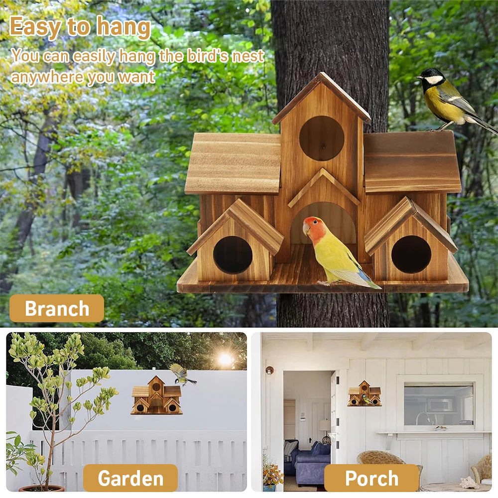 Outdoor Wooden Castle Birdhouse 5-Hole Garden Decor | StriveRiseFit