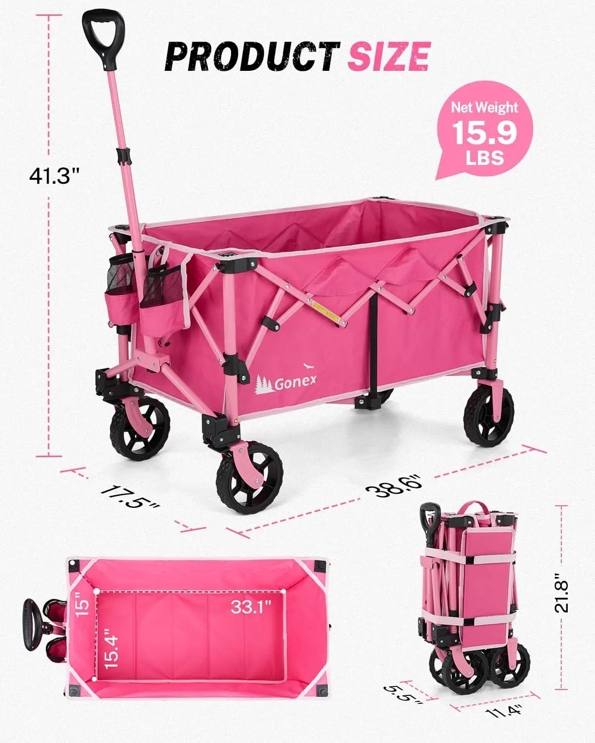38" Collapsible Wagon Cart, 360 LBS & 220L Capacity, Detachable Wheels, Pink | StriveRiseFit