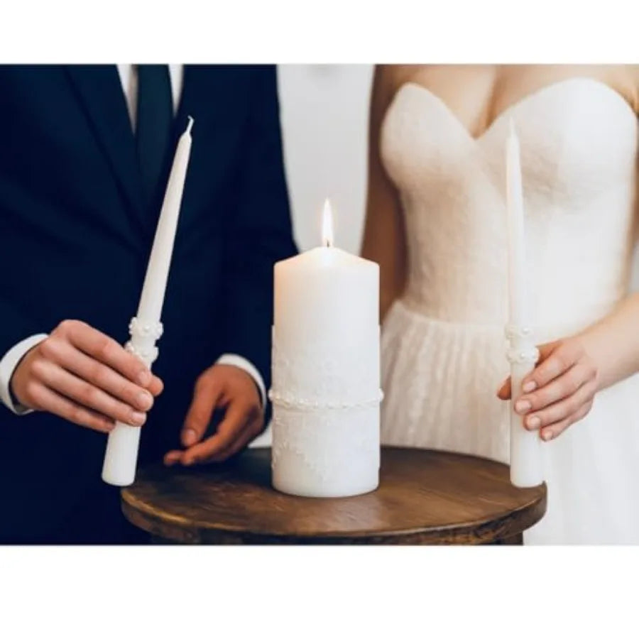 White Wedding Unity Candle Set 6" Pillar & 10" Taper Candles | StriveRiseFit