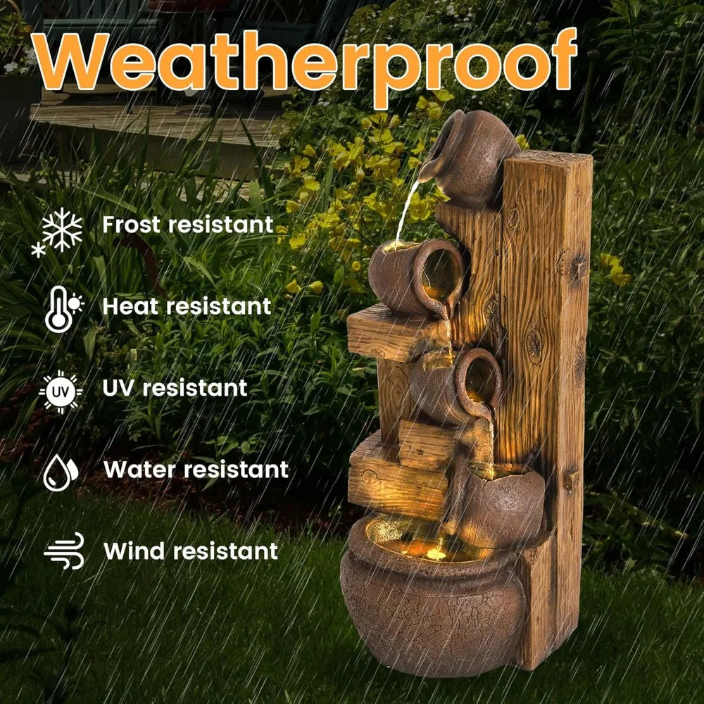 5-Tiered Garden Waterfall Fountain Outdoor - 40''H Water Fountains and Waterfalls, Large Outdoor/Indoor Floor Standing Resin Wat