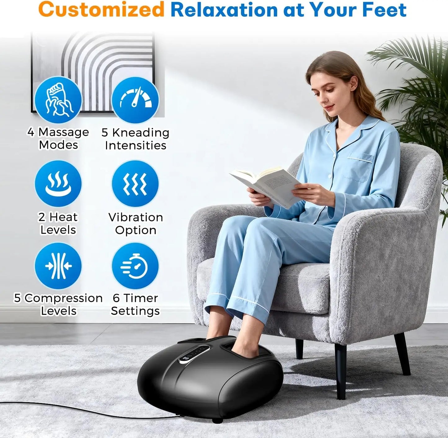 Heated Foot Massager | Kneading, Vibration & Air Compression, 4 Modes, Plantar Fasciitis Relief