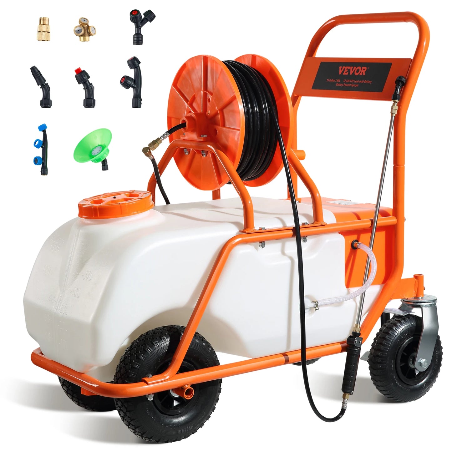 15-Gal Battery Powered Garden Sprayer on Wheels | 126ft Hose | 8 Nozzles | StriveRiseFit