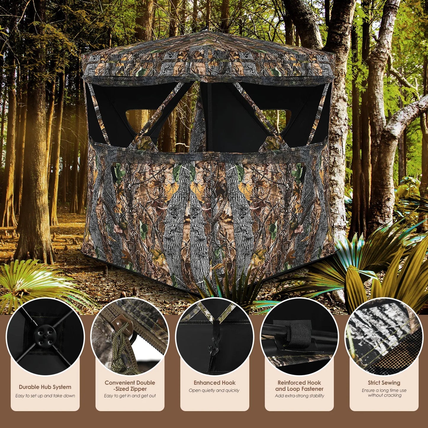 3-Person Pop-Up Hunting Blind Tent | Surround View, Slide Mesh Windows, Camouflage, 75" x 78.5" x 74"