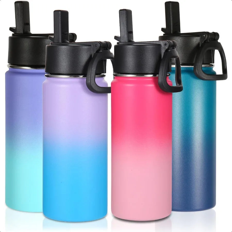 4 Pack Insulated Water Bottles 16oz - Stainless Steel with Straw Lid & Handle
