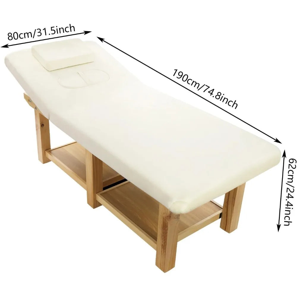 Stationary Massage Table - 75x31.5 Solid Wood Spa Bed with Adjustable Backrest