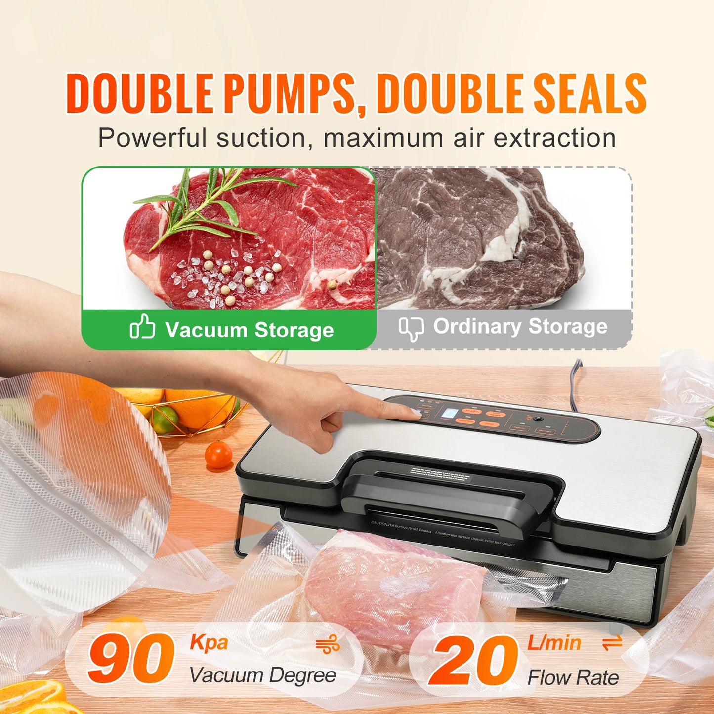 Vacuum Sealer Machine | 90kPa Dual Pump, 130W, Dry & Moist Modes + Bags Included