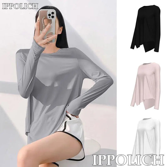 Women Yoga Long T-Shirt Round Neck Solid Color Loose Casual Sport Sunscreen Yoga Tops Fall Outdoor Riding Running Sport Yoga Top