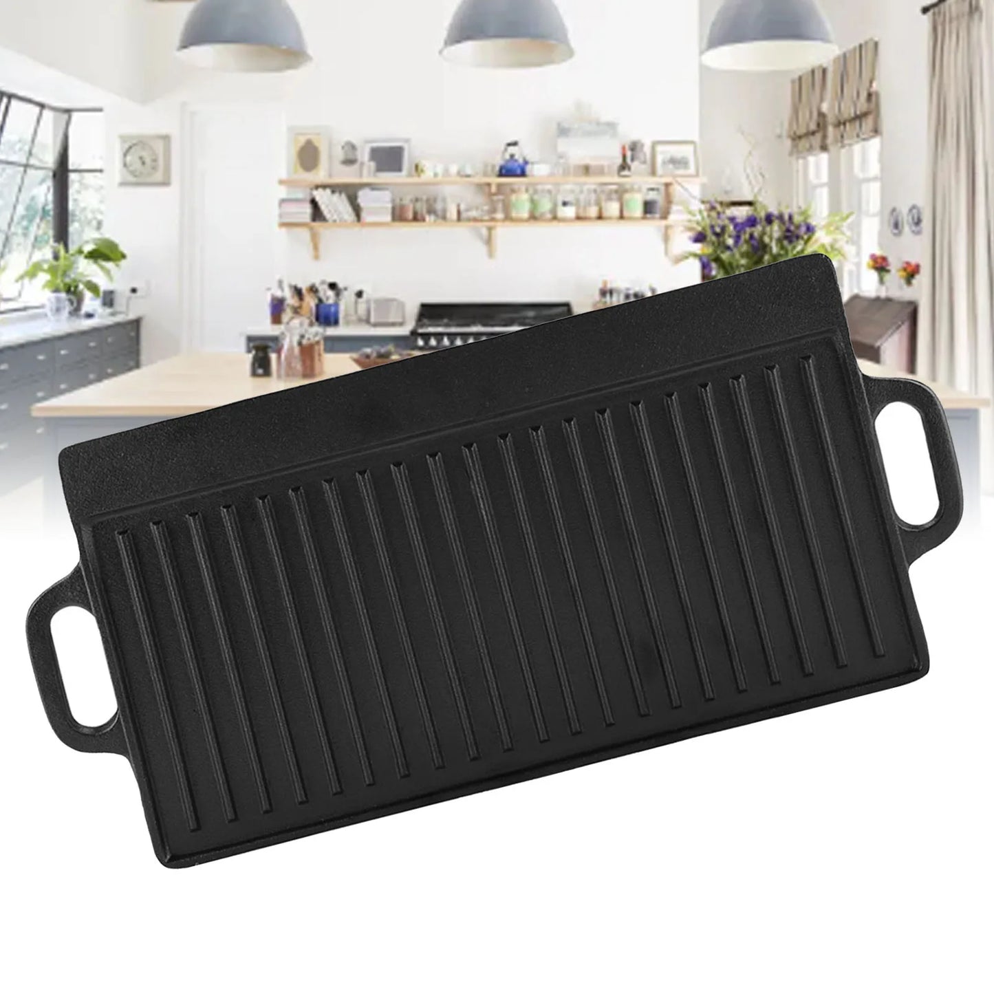 Rectangular Double-Sided Cast Iron Pan | Reversible Grill & Griddle for Stovetop & Campfire