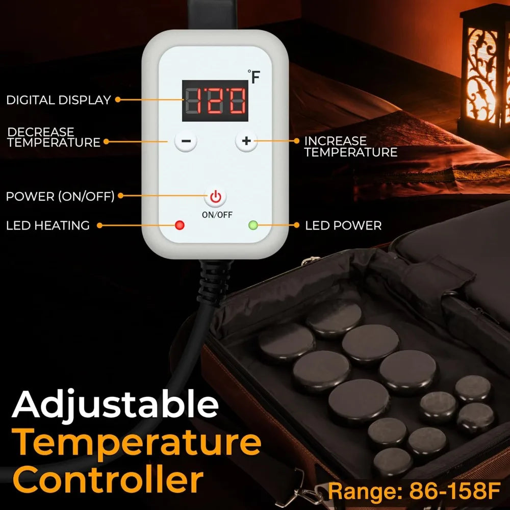 Electric Spa Hot Stones Massager and Heater Kit with 6 Large and 6 Small Round Shaped Basalt Massaging Rocks