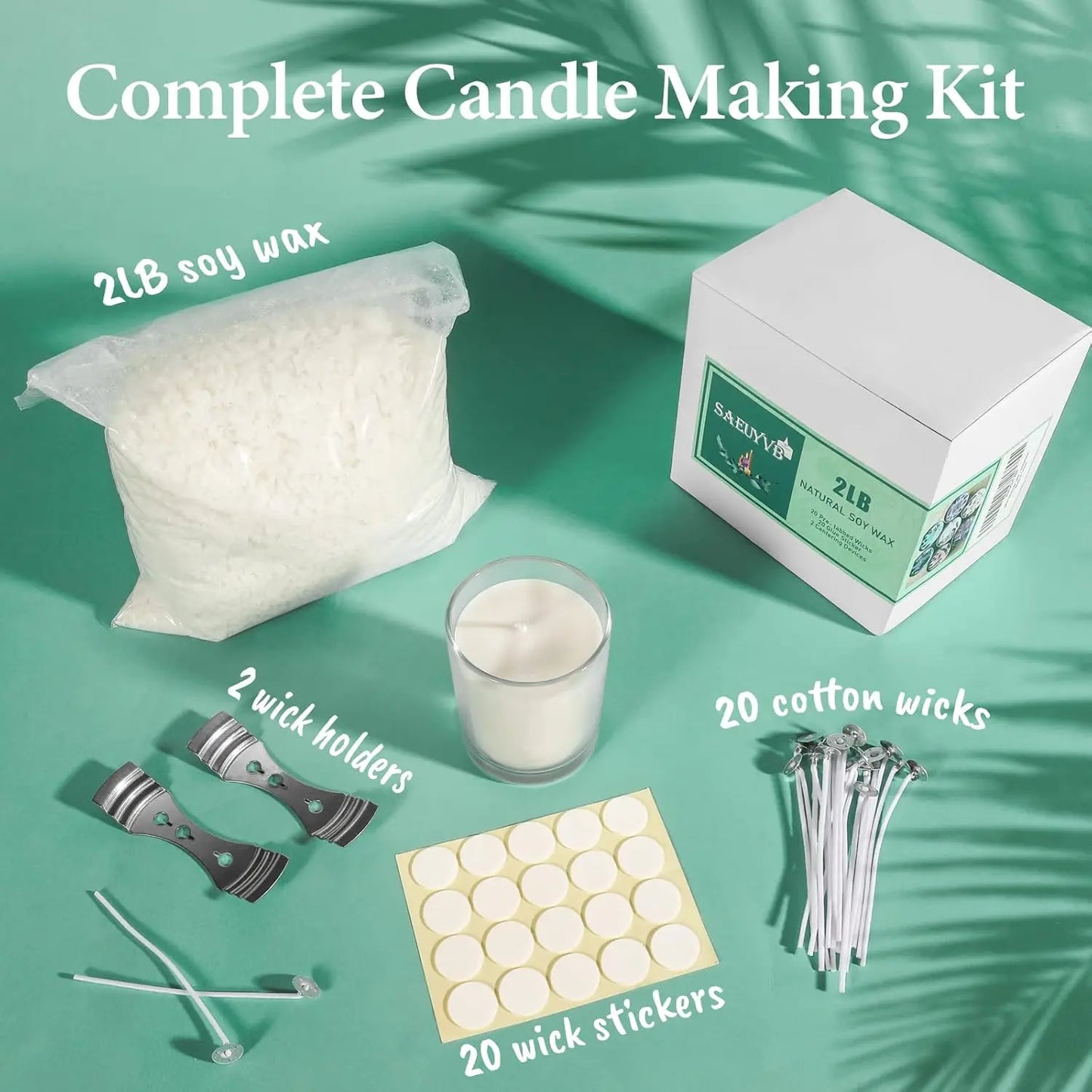 Natural Soy Wax Candle Making Kit, 2 lbs Flakes with Wicks, Stickers & Holders | StriveRiseFit