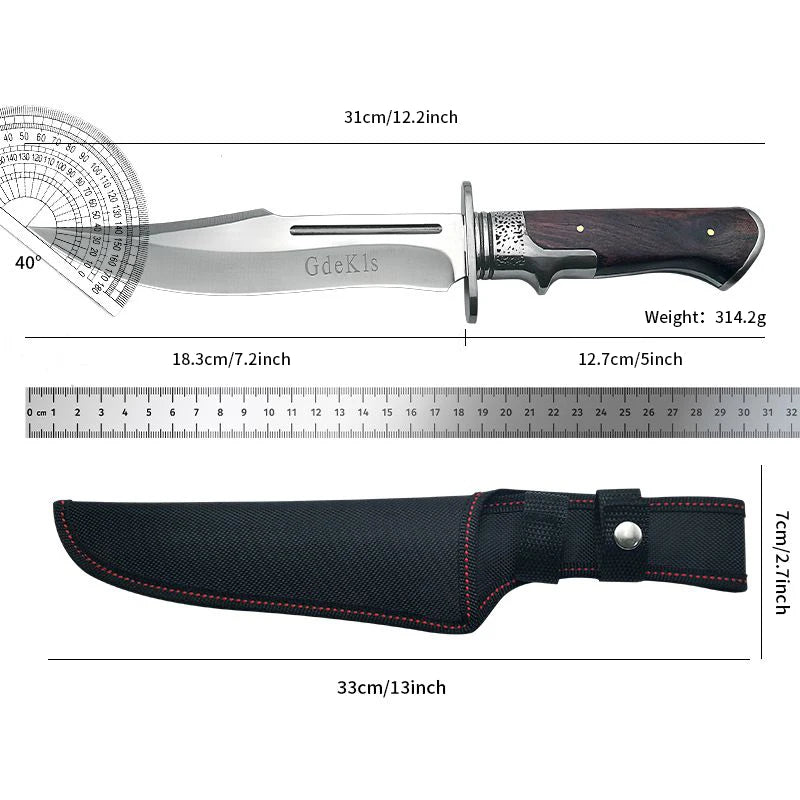 Gdekls Stainless Steel Hunting Knife with Wood Handle & Fabric Sheath