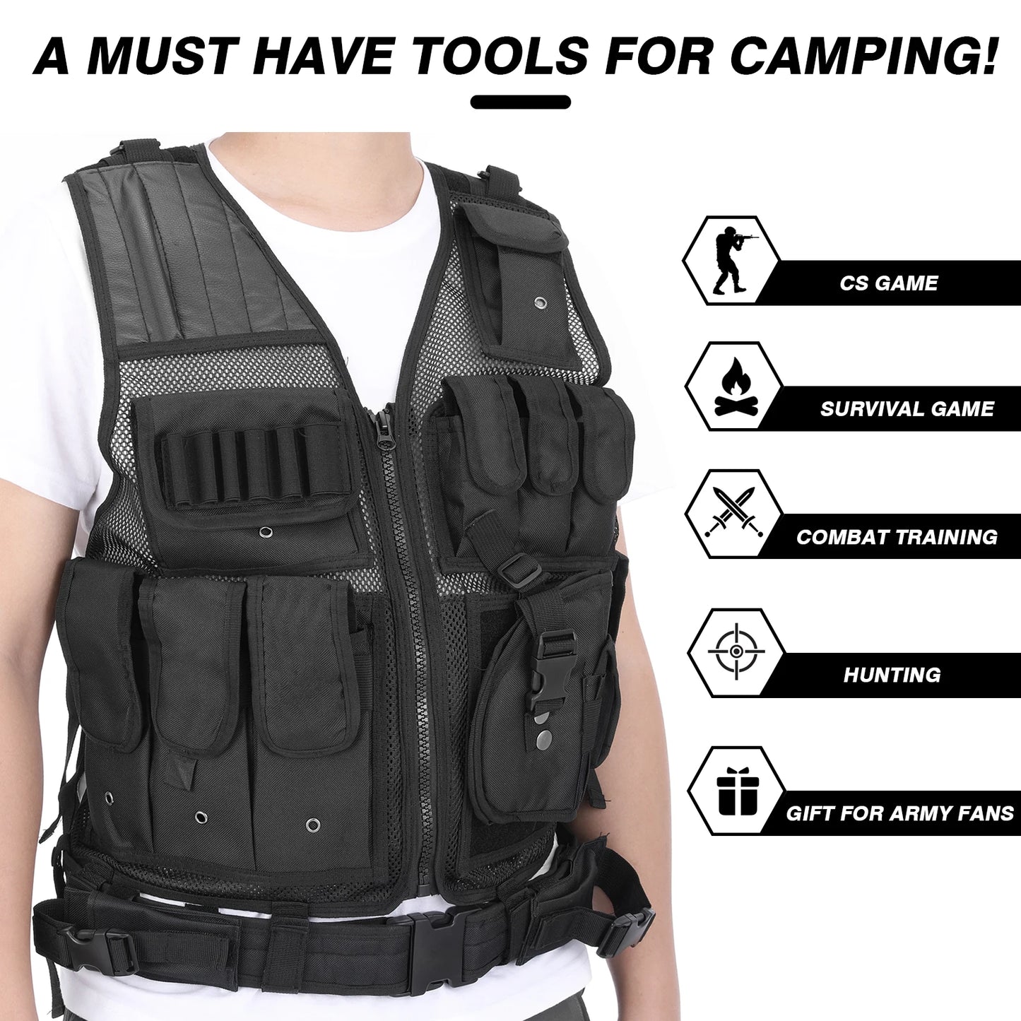 TOMSHOO Military Tactical Vest - Multi-Pocket Combat Vest for Hunting & Outdoor
