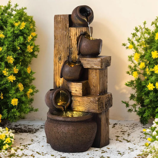 5-Tiered Garden Waterfall Fountain Outdoor - 40''H Water Fountains and Waterfalls, Large Outdoor/Indoor Floor Standing Resin Wat