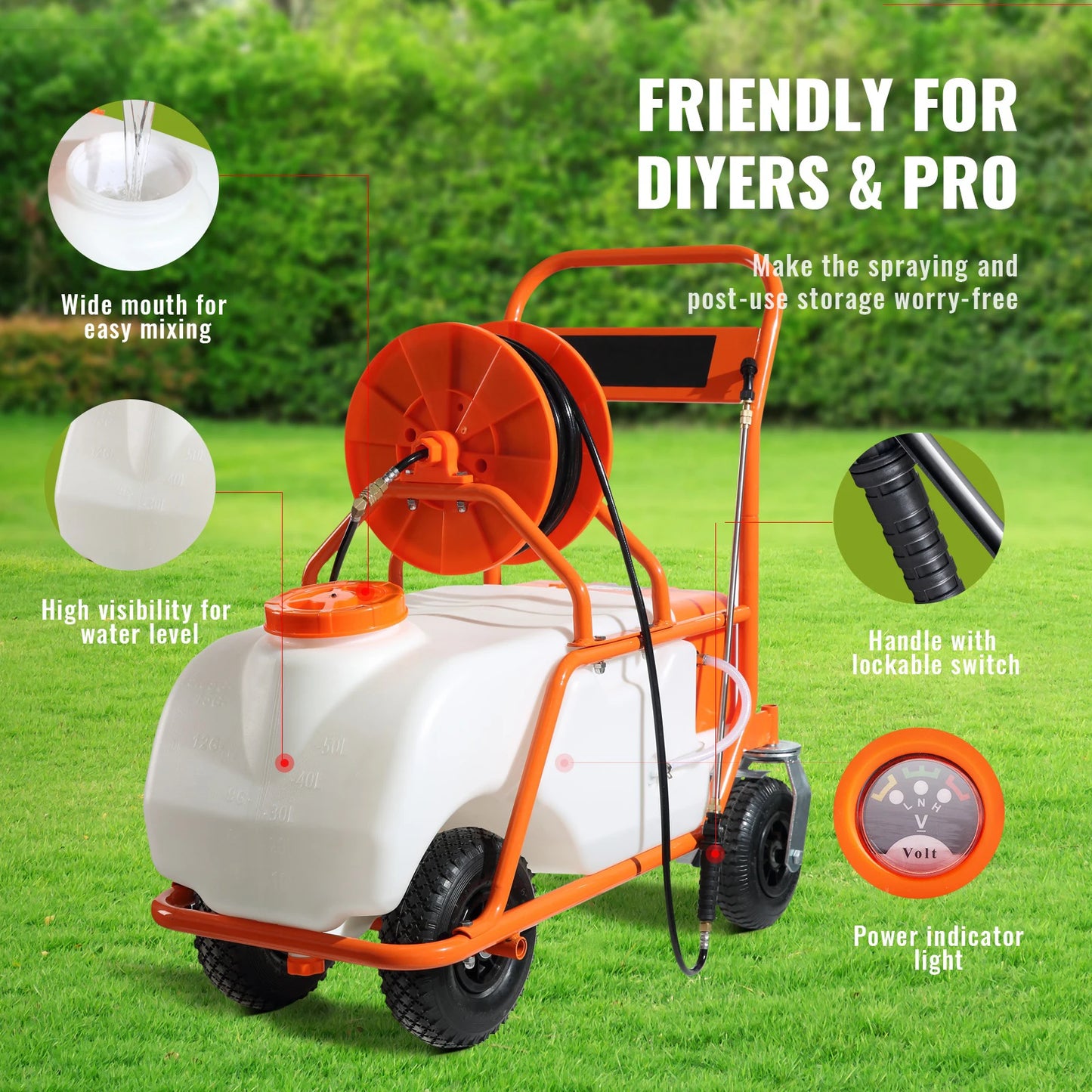 15-Gal Battery Powered Garden Sprayer on Wheels | 126ft Hose | 8 Nozzles | StriveRiseFit
