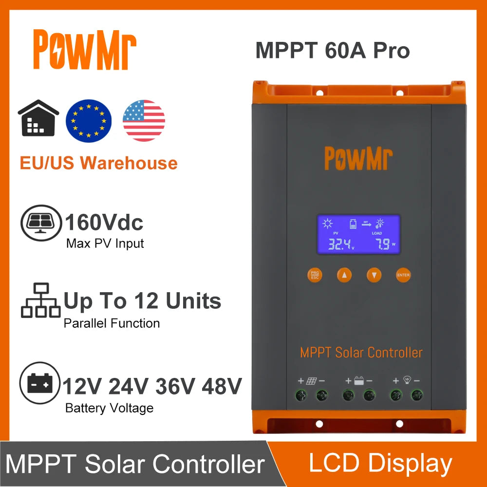 60A MPPT Solar Charge Controller — 12V/24V/36V/48V, LCD Display, Parallel Support (Up to 12 Units)