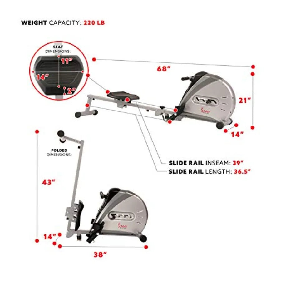 Rowing Machine Rower Ergometer with Digital Monitor, Inclined Slide Rail, 220 LB Max Weight and Foldable