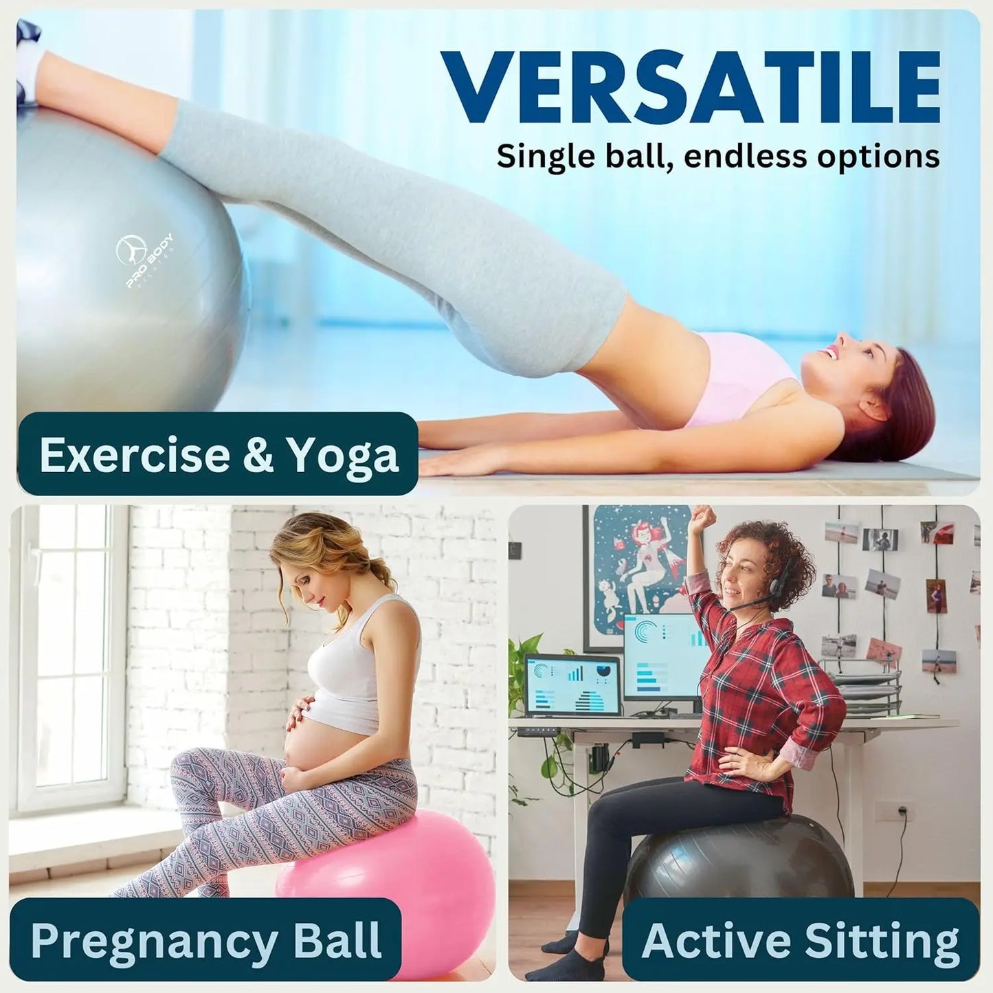 ProBody Anti-Burst Exercise Ball for Yoga, Pilates, Pregnancy & Physical Therapy, 5 Sizes 45–85cm | StriveRiseFit