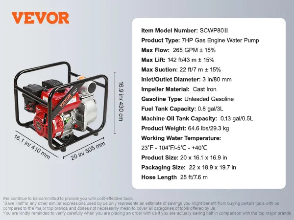 SucceBuy 7HP Gas-Powered Water Pump — 2" & 3" | 142–265 GPM | Self-Priming Transfer Pump