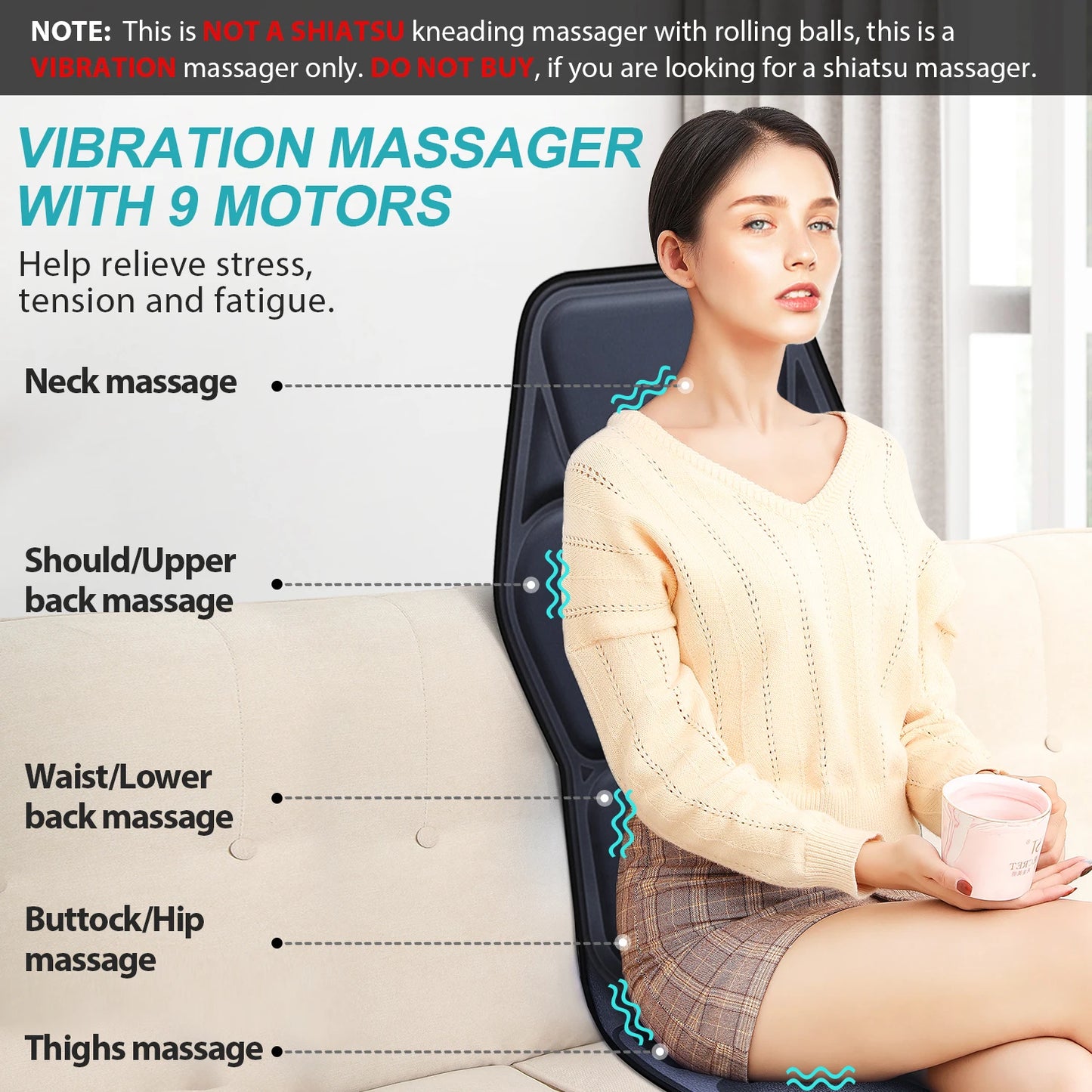 Massage Seat Cushion with Heat - 9 Vibration Modes Lumbar Support Chair Pad