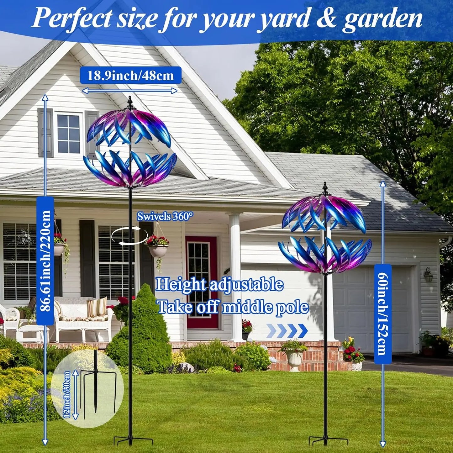 Kinetic Garden Wind Spinner | Double-Layer Metal | Blue & Purple Gradient | 24" | StriveRiseFit
