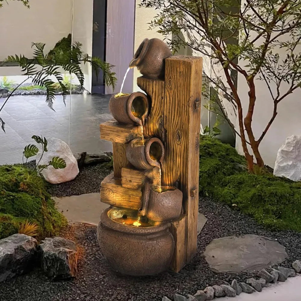 5-Tiered Garden Waterfall Fountain Outdoor - 40''H Water Fountains and Waterfalls, Large Outdoor/Indoor Floor Standing Resin Wat