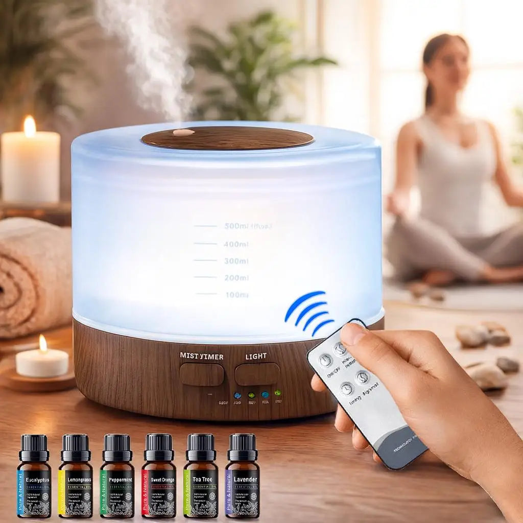500ml Wood Grain Aromatherapy Diffuser with Remote 7 LED Colors & 6 Essential Oils | StriveRiseFit
