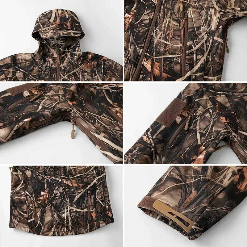 Men or Women's Silent Camouflage Hunting Jacket ~ Soft Shell ~ Outdoor Hiking, Fishing, Hunting ~ Hooded Coat Waterproof Fleece Tactical Jackets