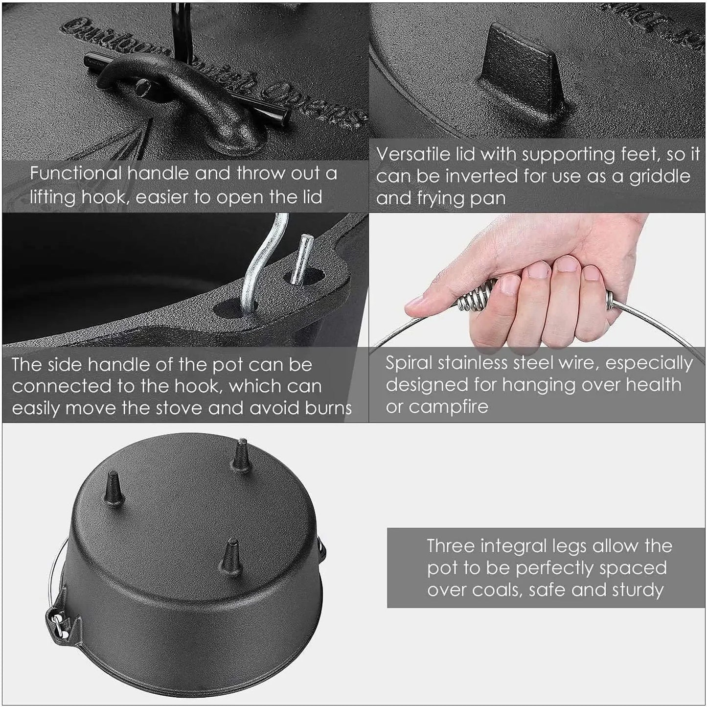 Cast Iron Dutch Oven | 5, 9 & 12.5 Qt Camping Pot with Lid Lifter — Outdoor Cooking, Stew & BBQ