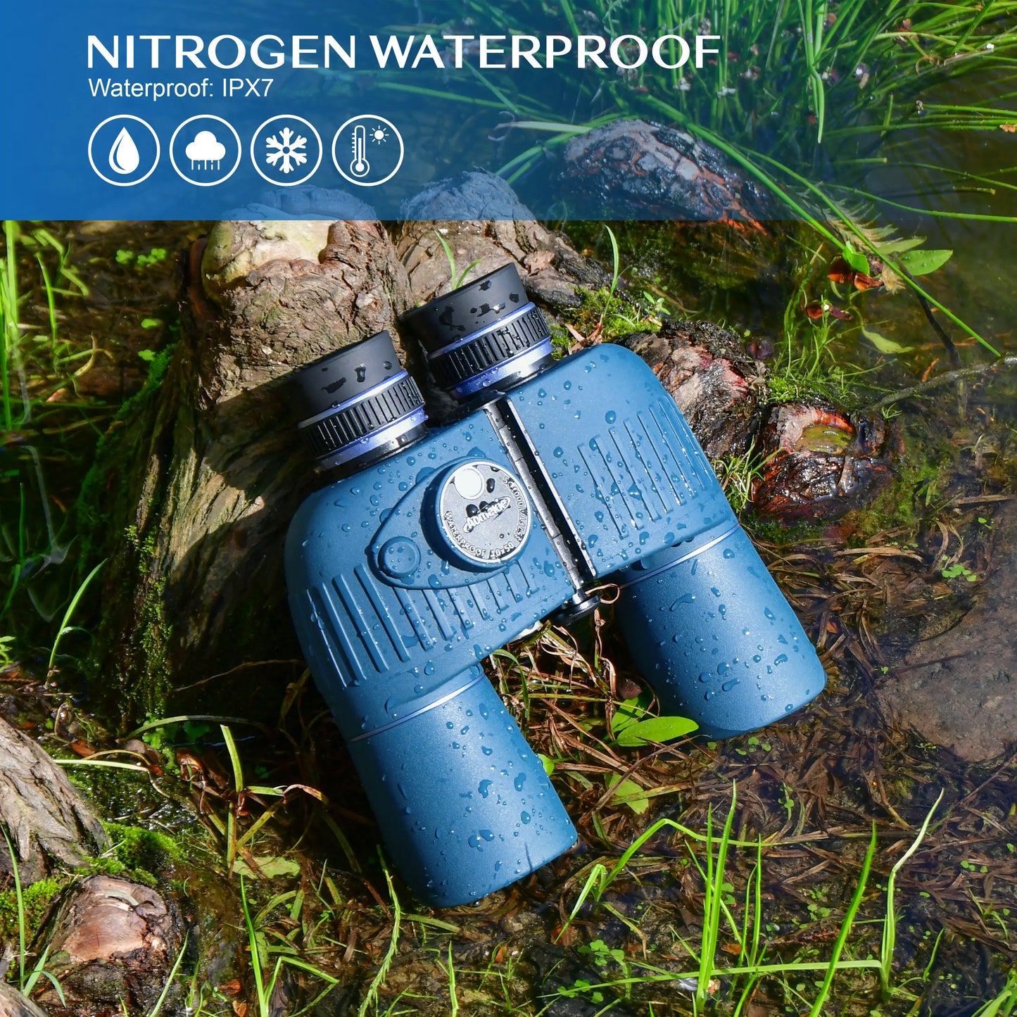 10x50 Marine Binoculars | Blue | IPX7 Waterproof, BAK4 Prism, Illuminated Compass & Rangefinder for Boating & Hunting