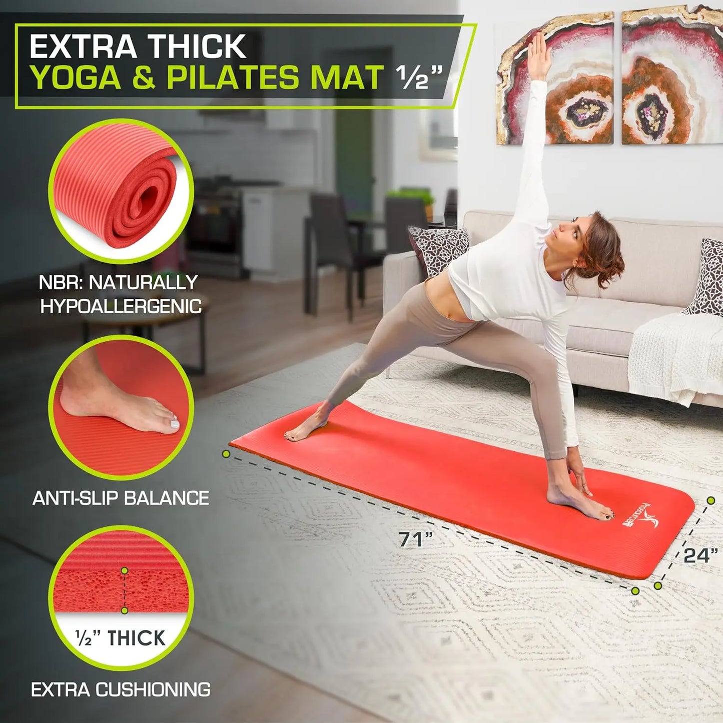 Extra Thick Yoga Mat 1/2" (13mm) NBR Foam, Non-Slip, Water-Resistant, 71x24" with Carrying Strap | StriveRiseFit