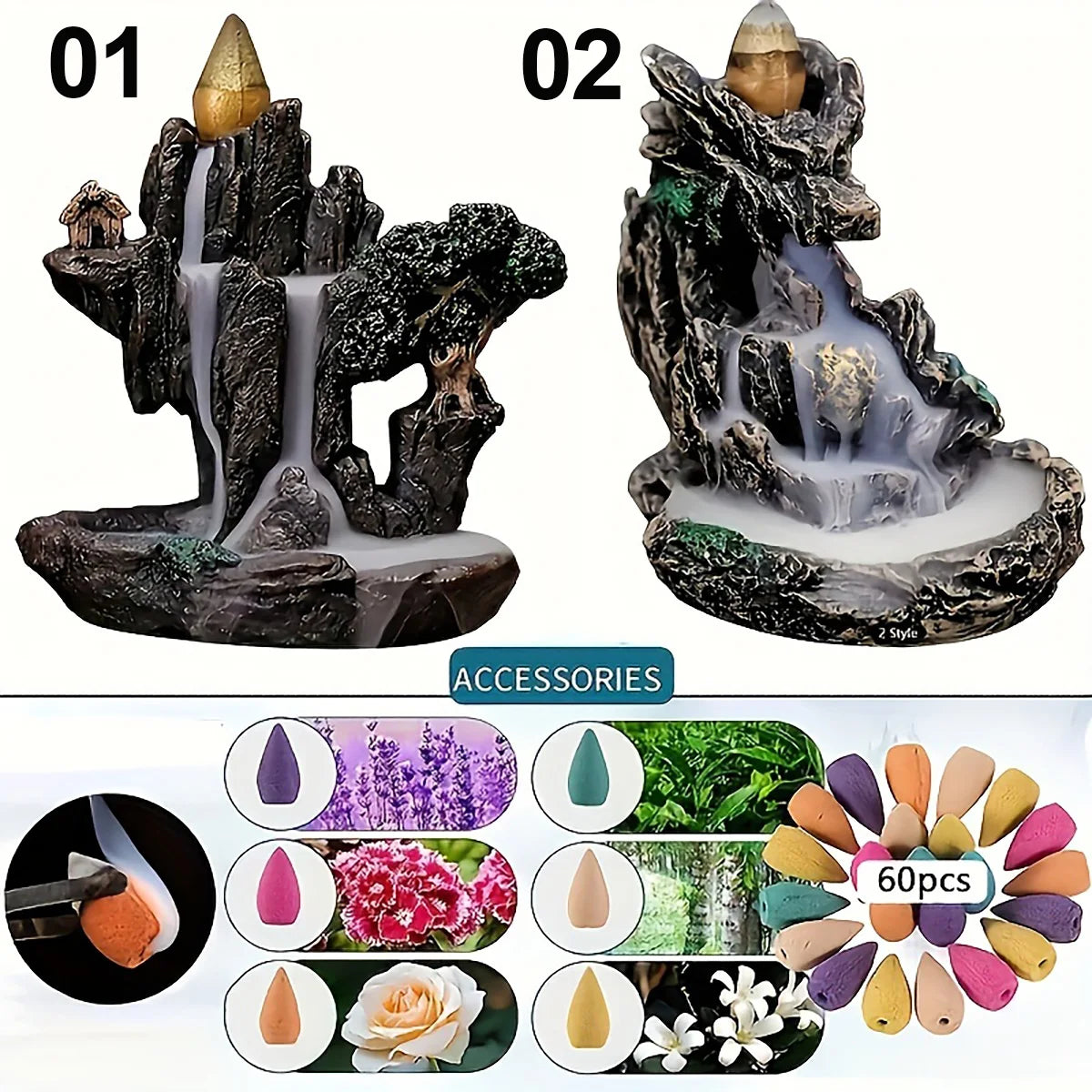 Mountain Waterfall Backflow Incense Burner with 60 Cones | StriveRiseFit