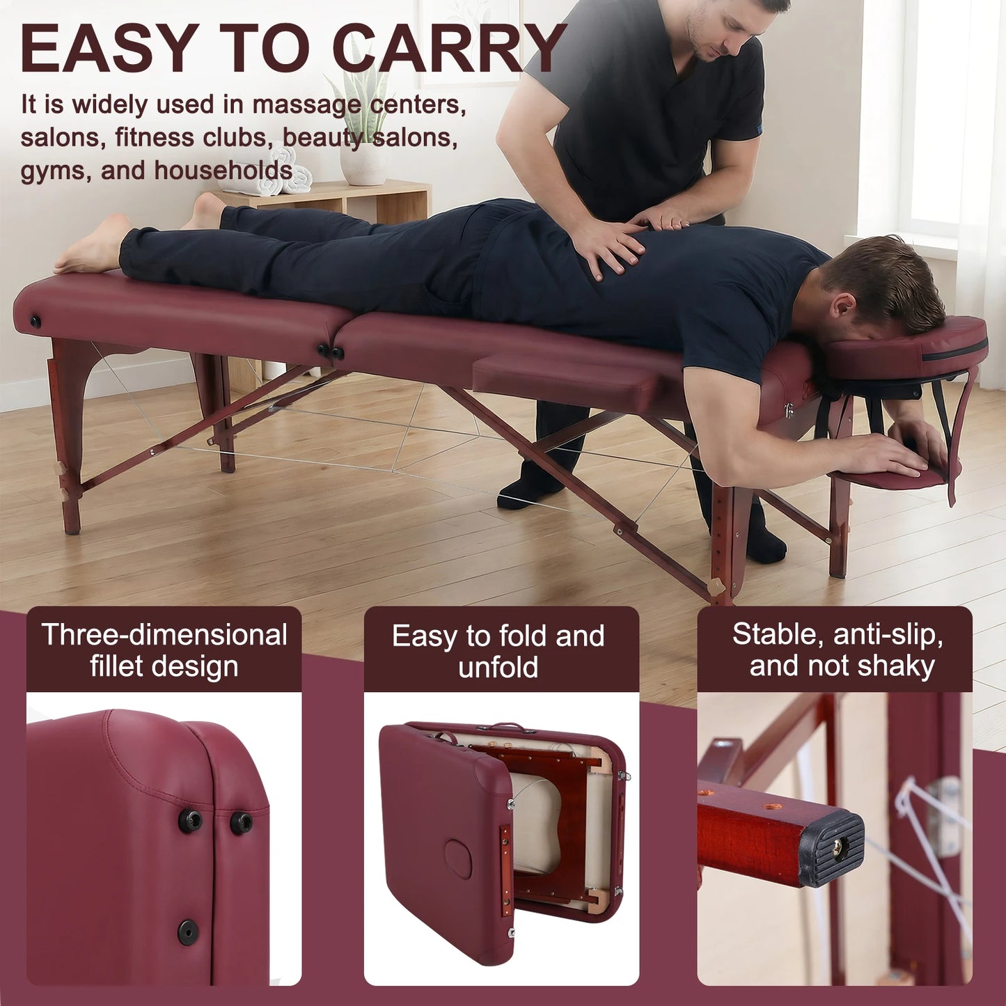 Professional Folding Massage Table | 73", 1500 lb, 4.33" Foam, Claret & Black