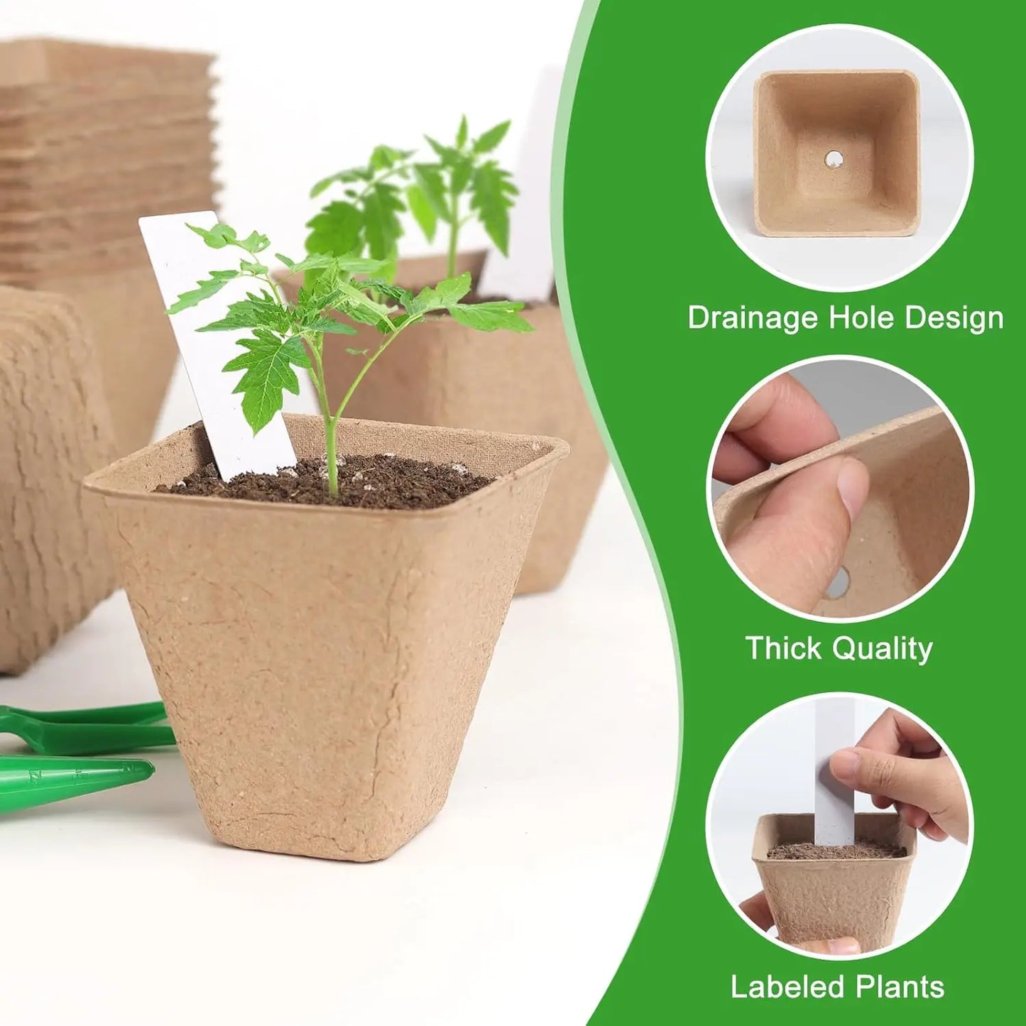 Square Biodegradable Peat Pots | 150-Pack + Labels | Seed Starting | StriveRiseFit