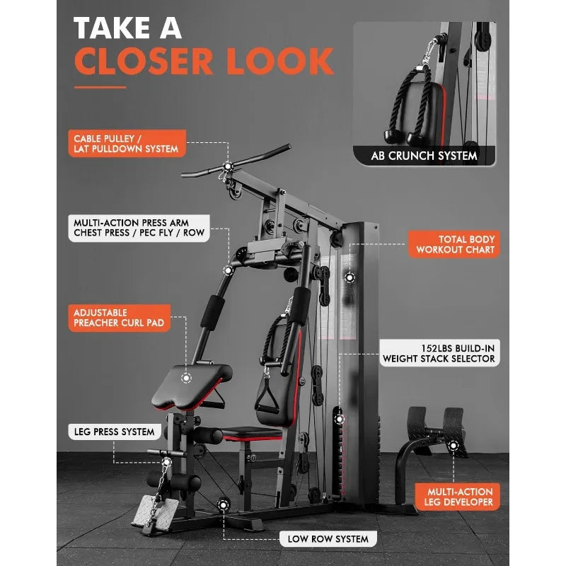 Home Gym Workout Station with 150LBS Weight Stack, Multifunctional Home Gym Equipment
