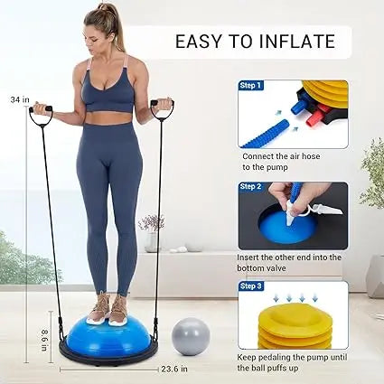 60cm Half Exercise Ball Balance Trainer Non-Slip Base 2 Bands Pump Included | StriveRiseFit