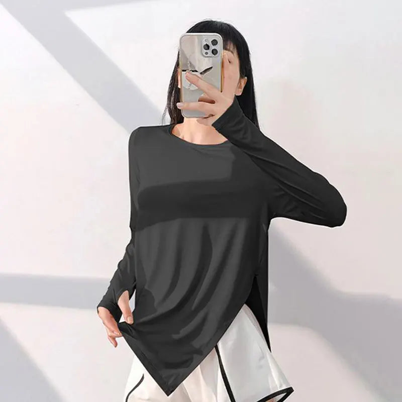 Women Yoga Long T-Shirt Round Neck Solid Color Loose Casual Sport Sunscreen Yoga Tops Fall Outdoor Riding Running Sport Yoga Top