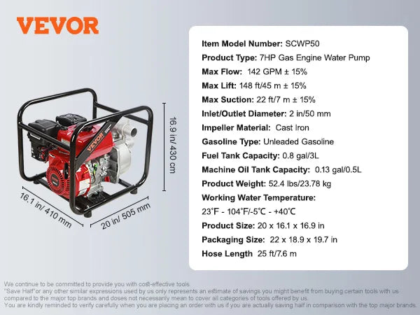 SucceBuy 7HP Gas-Powered Water Pump — 2" & 3" | 142–265 GPM | Self-Priming Transfer Pump
