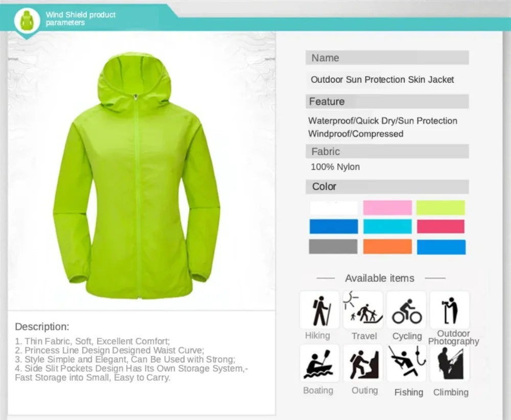 Unisex Hiking Jacket Men Women Waterproof Quick Dry Camping Windbreaker Trekking Outdoor Activity ~ Anti UV Clothes