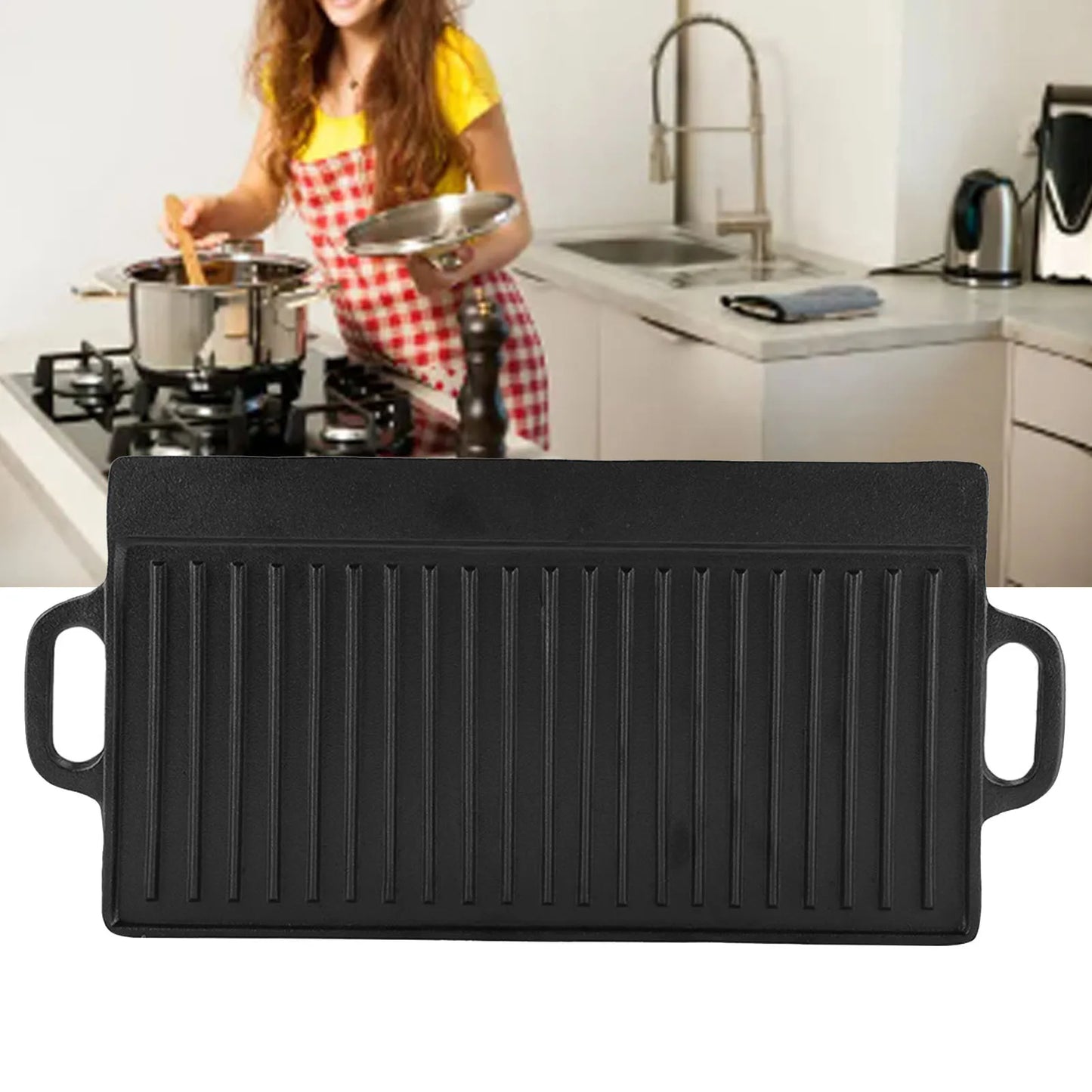 Rectangular Double-Sided Cast Iron Pan | Reversible Grill & Griddle for Stovetop & Campfire