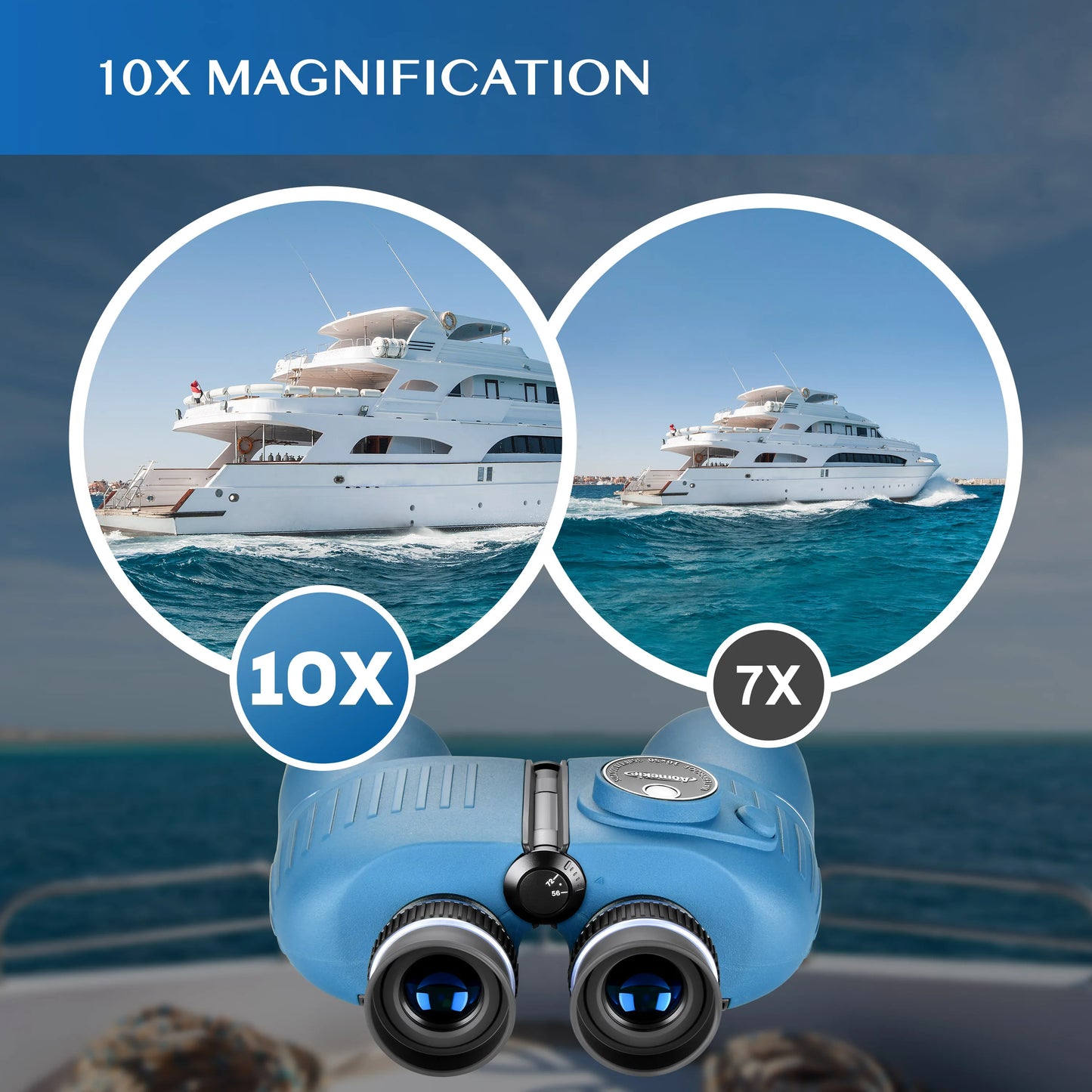 10x50 Marine Binoculars | Blue | IPX7 Waterproof, BAK4 Prism, Illuminated Compass & Rangefinder for Boating & Hunting