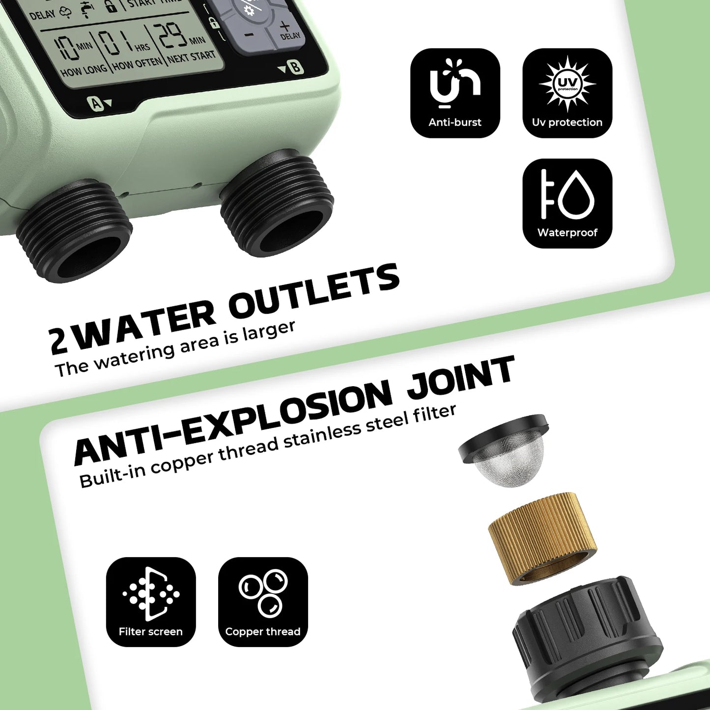 2-Outlet Garden Water Timer | LCD Display | Brass Connectors | StriveRiseFit