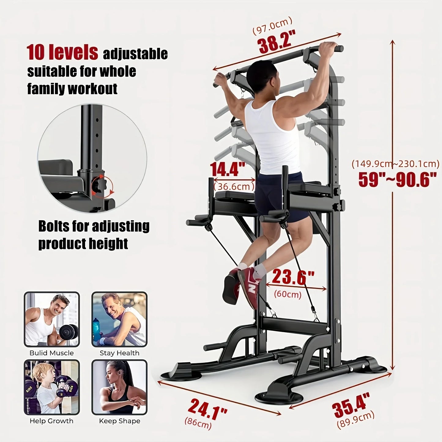 Adjustable Power Tower Pull Up & Dip Station, 10-Level Height | StriveRiseFit