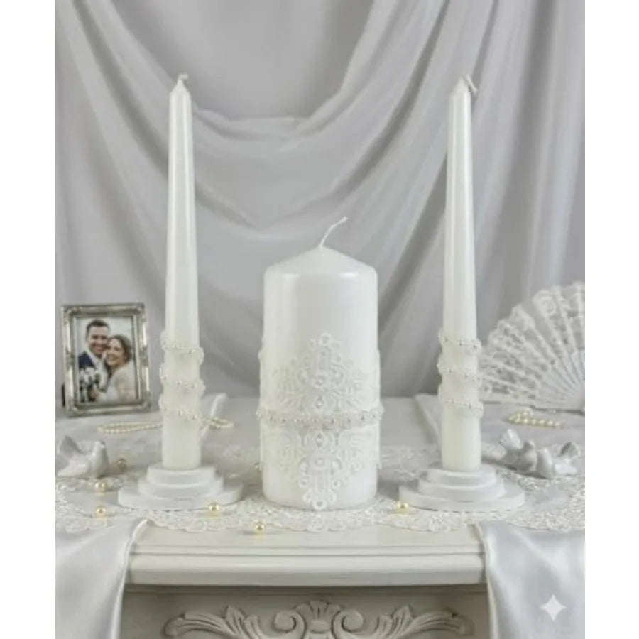White Wedding Unity Candle Set 6" Pillar & 10" Taper Candles | StriveRiseFit