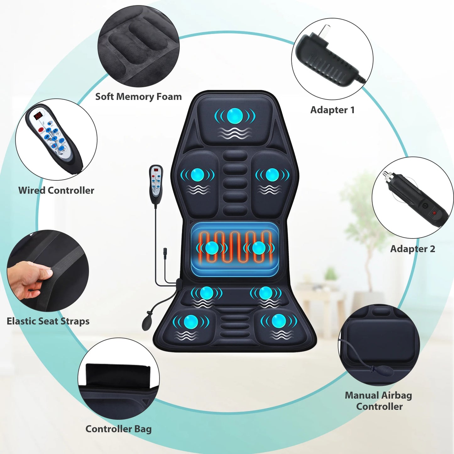 Massage Seat Cushion with Heat - 9 Vibration Modes Lumbar Support Chair Pad